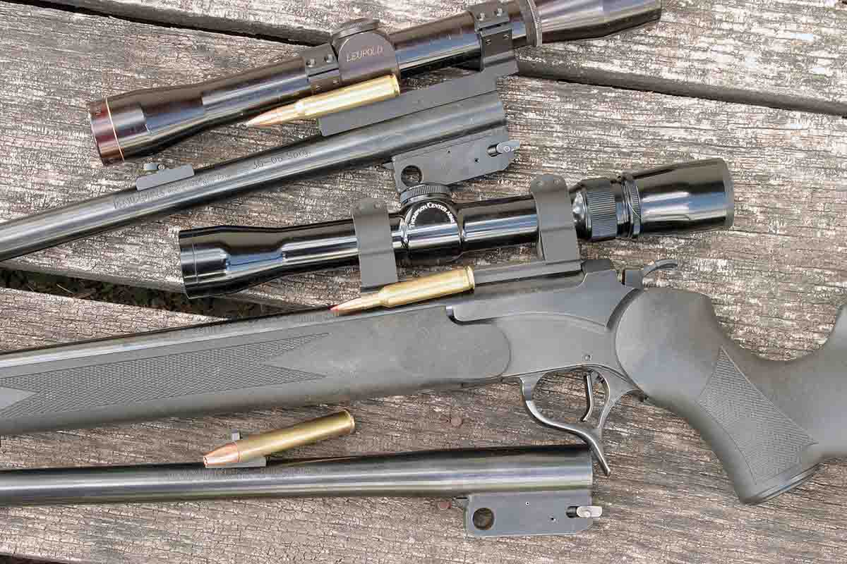 One virtue of most break-action single shots is the ability to easily change barrels. This Thompson/Center Encore has three (top to bottom): .30-06, 6mm Remington and .405 Winchester, which pretty much cover big-game hunting anywhere on earth.